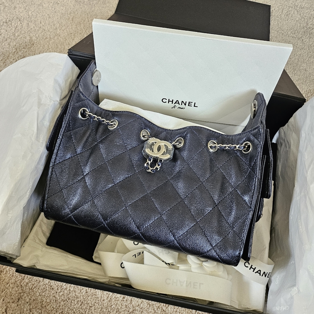 Chanel 25 Mini Navy Dark Blue Metallic Caviar Silver Hardware NIB with Receipt